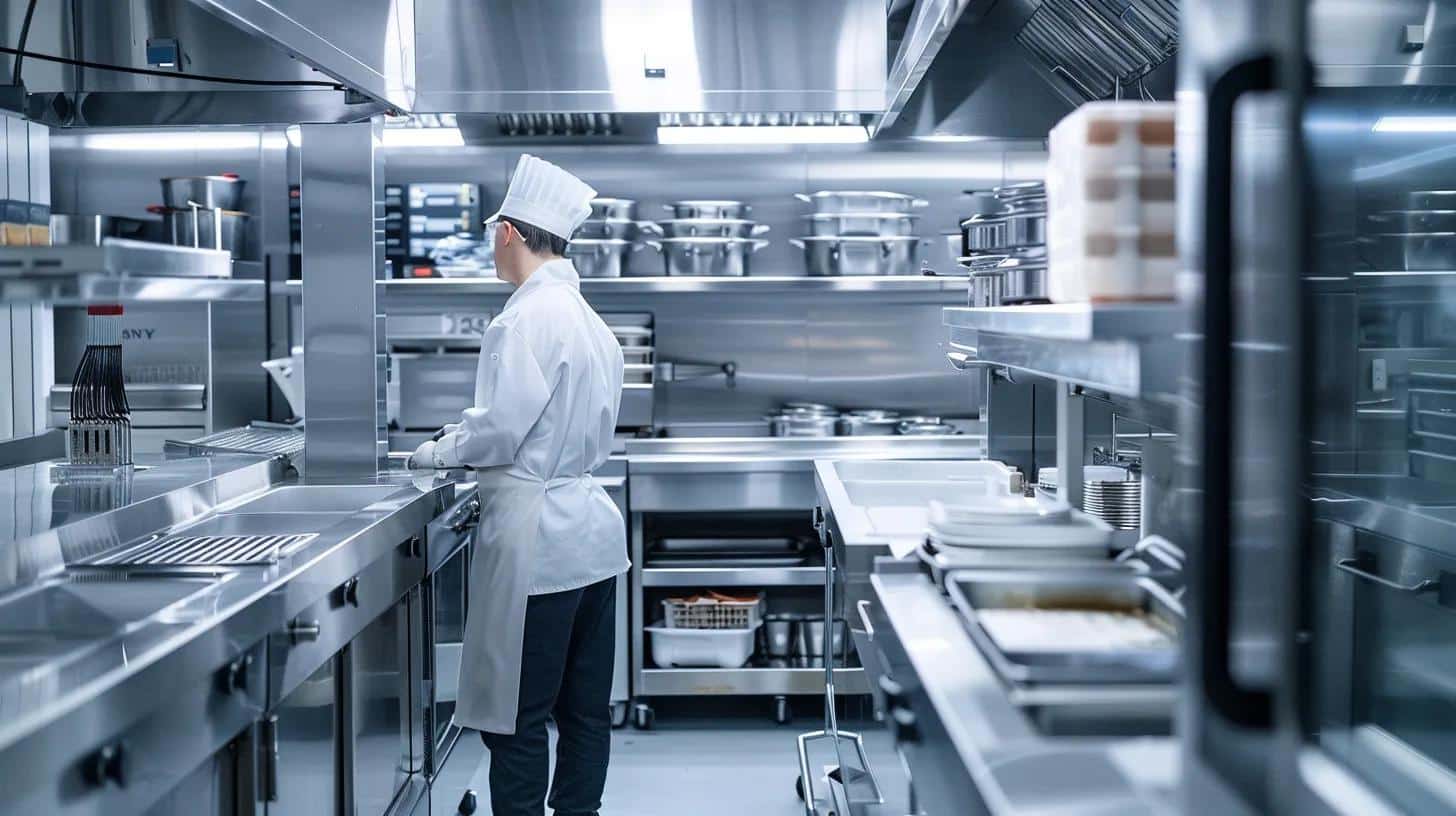 a sleek, modern commercial kitchen scene showcases a technician attentively inspecting a high-tech refrigeration system, surrounded by stainless steel counters and sophisticated equipment, emphasizing performance optimization and maintenance practices.